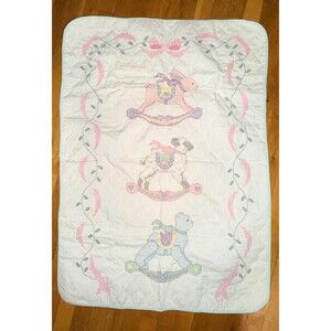 Vintage Baby Quilt Rocking Horse Nursery Blanket Pastel Handmade BunnyBear 29x36